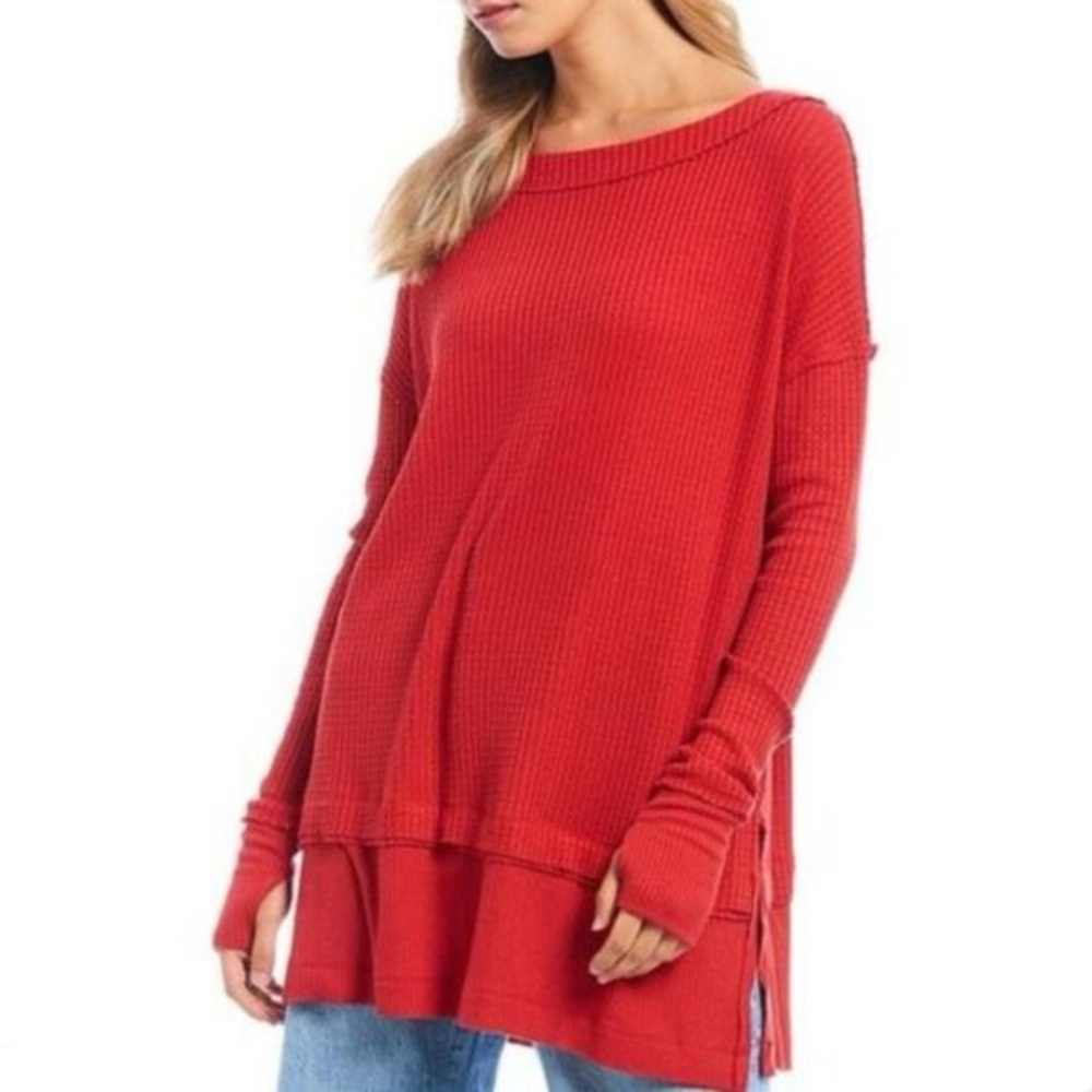 We The Free Women Top Medium Red Shirt‎ North Shore Waffle Knit Oversized